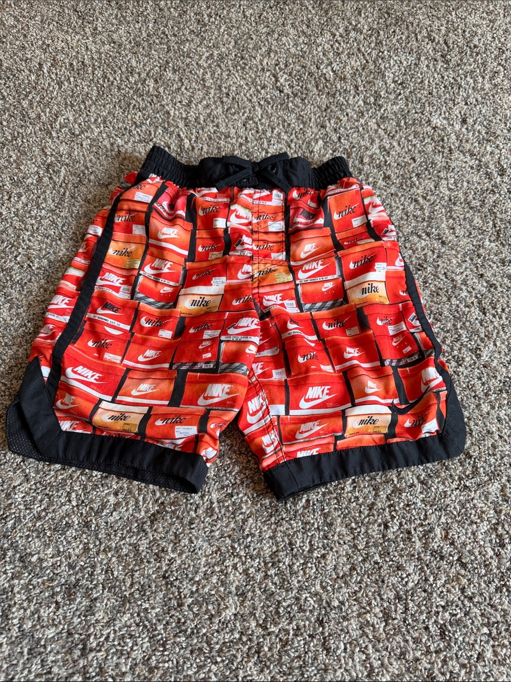 Nike Red Logo-Print Boys Swim Shorts with Black Trim Size Youth Medium